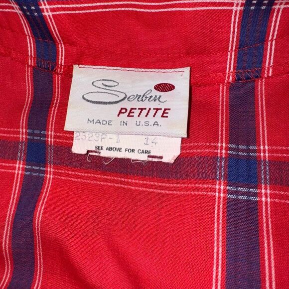Vintage 50s Serbin Petite Red & Navy Plaid Belted Button-Front Dress | Made in U - Picture 8 of 11